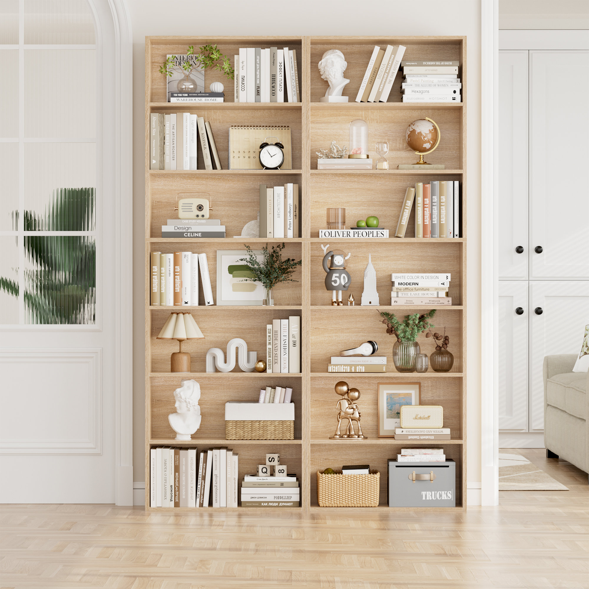 Latitude Run® 2-Pieces 82.5"H Wood Double 7-Tier Standard Bookcases ...